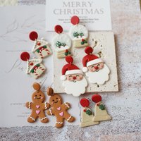 Assorted Christmas Theme Polymer Clay Earrings 3D Snow Globe Bell Holiday Drop Handmade Lightweight Festive Jewelry Set Santa