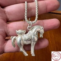 New Vintage Tibetan Silver Horse Pendant, Lucky Wealth Blessing "Get Rich Soon", Ethnic Amulet Jewelry