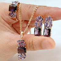 Kinel Full Purple Natural Zircon Flower Ring Earrings Necklace For Women Fashion 585 Rose Gold Color Fine Vintage Jewelry Sets