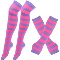 Womens Long Socks Striped Thigh High Stockings Mittens Arm Sleeve Gloves Set Ladies Girl Pink Black White Over Above Knee Lolita