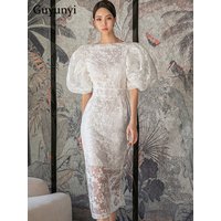 American Retro Dress Summer White Lace Flowers Embroidery O-Neck Lantern Sleeve High Waist Line Elegant Party Dress Women