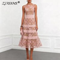 Sexy Sheer Floral Splicing Layered A-Line Dress Woman Spring O Neck High Waist Lace Party Dress Summer Sleeveless Casual Dresses