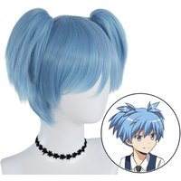 Shiota Nagisa Cosplay Wig Anime Assassination Classroom Cosplay Short Blue Wig with Double Ponytails Synthetic Light-blue Hair