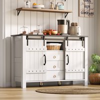 PINGGO Sideboard with storage, 120 cm wide cabinet with sliding doors and 3 drawers, rustic wood coffee bar buffet table, white