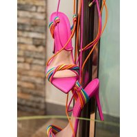 Colorful Summer Lace-Up Stiletto Heeled Sandals Pointed Toe Design Rainbow Twisted Strap Detail Wrap Around Cross Strap Footwear