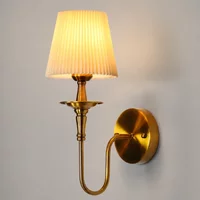 Plug in / Hardwired Wall Sconce Bedroom Bedside Lamp Pleated Fabric Shade Vintage Brass Wall Light for Hallway Staircase Reading