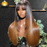 1B Natural Black Ombre Honey Brown Long Silky Straight With Bangs Wig Drawstring 13x6 Transparent Lace Frontal Human Hair Wig
