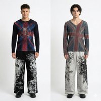 Y2K Gothic Union Jack Print Long Sleeve T Shirt Wide Leg Pants Set Men Streetwear Hip Hop Vintage Harajuku Loose 2 Piece Outfit