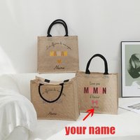 Personalized with Name Floral Boho Leopard Mamie Heart Patterns Jute Tote Bag Shopping Bags Mother Daughter Mother's Day Gifts