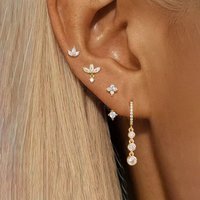 4PCS Gold Plated Stainless Steel Flower Crown Stud Earrings Set for Women Zircon Chain Round Pendant Earrings Women Jewelry