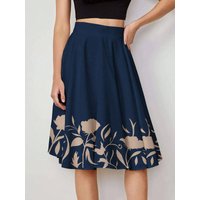 Hot High Waist A-Line Navy Floral Print Midi Skirt, Bottom for Women Office & Daily