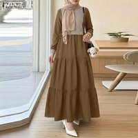 ZANZEA Women Patchwork Muslim Abaya Maxi Long Dress Elegant O Neck Long Sleeve Pleated Sundress Dubai Robe Femme Casual Kaftan