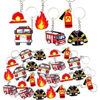 18/24/30pcs Firefighter Keychain Fire Truck Fireman Helmet Flame Silicone Keyring Boys Rescue Theme Birthday Party Favors Gifts