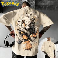 New Pokemon Cotton T Shirt with Running Arcanine Back Print Flowing Fire Effects Sleeve Logo Design Loose Fit Men Women Casual