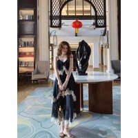 Aikoko Shanghai 25ss Women's Vintage Multi-layered Off-Shoulder Dress Mist Blue Floral Lace Knitted Thickened Summer Dress