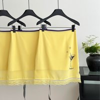 Women's Summer Elegant Wine Glass Pattern Slim Lace Hem Skirt Lady Streetwear High Waist Yellow Knee Length Skirt