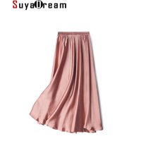 SuyaDream Women Pleated Skirt, 100%Real Silk, Elastic Waist, Solid Long A-Line Skirts, 2025 Spring Summer Bottoms