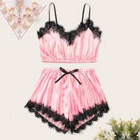 Satin Seide Pyjama Set Frauen Sexy Spitze Nachtwäsche Sommer Heißer V-ausschnitt Ärmellose Pijamas Faux Seide Homewear Rosa Gestreiften Nachtwäsche