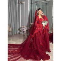 Red Appliques Long Sleeves Dubai Luxurious Women’s Wedding Dresses 2026 Train Vestido De Noiva Tulle robe de mariée Customized
