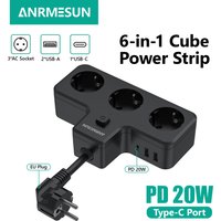 EU-Steckdosenleiste mit 3 AC-Steckdosen, 2 USB- und 1 USB-C-Ladeanschluss, Netzadapter 16 A 250 V, geeignet für Zuhause und Reisen
