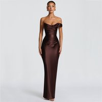 Women's Brown Satin One-Shoulder Evening Gown - Ruched Formal Maxi Dress for Wedding Guest