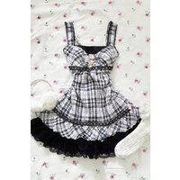 Gagarich Fashion 2026 Clothing Japanese Cute Sweet Wind Bow Lace Splicing Grid Strap Waist Dress Women