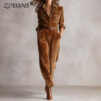 Women's Vintage Solid Velvet Jumpsuit Lapel Long Sleeve Belted Wide Leg Streetwear Romper Spring Fall Slim Pocket Office Overall
