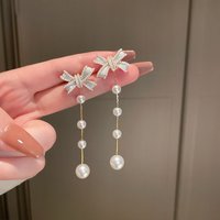 Sweet Bowknot Imitation Pearl Drop Earrings for Women Shiny Crystal Zircon Wedding Party Long Tassel Dangle Earrings Jewelry