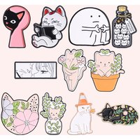 11style Floral Cats Themed Enamel Pin Kawaii Anime Cartoon Kitten Brooches Bookish Lucky Cat Badge Happiness Potion Jewelry Gift