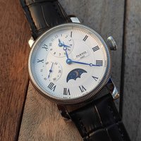 Men's 42mm Manual Mechanical Classic Hand-Wound Watch with Moon Phase Display and Water Resistance
