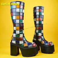 Colorful Plaid Platform Fashion Boots Round Toe Chunky Heel Mixed Colors Large Size Women Patchwork Shoes 2025 Spring New Style