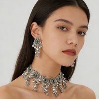 Ethnic Indian Silver Color Coin Tassel Statement Necklace Earring for Women Vintage Choker Geometric Bead Tassel Crystal Jewelry