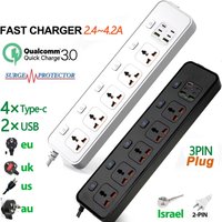Universal Power Strip Extension Socket with USB Type-c Port QC3.0 20W 2M Safety Singapore AU EU US UK Plug Surge Protector