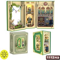 1112PCS MOC Creative Green Book Stand Building Blocks LED Light Rabbit Easter Egg Fireplace Living Room Bricks Toys Kids Gifts