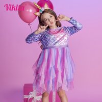 VIKITA Girls Princess Dress Long Sleeve Children Mermaid Print Dress Kids Irregular Prom Gown Tutu Girls Party Tulle Costumes