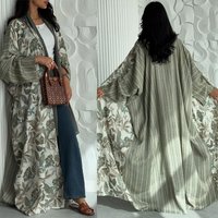 Reversible Botanical & Stripe Print Abaya Set with Matching Hijab - Dubai Modest Open Front Kaftan
