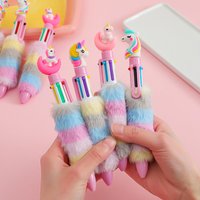2026 New Style Girl Cartoon Unicorn Plush Ballpoint Pen Children's Cute Six-Color Retractable Stationery Planner Pen