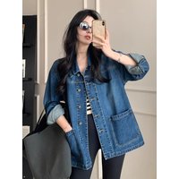 Simple Casual Loose Denim Jacket For Women Large Pockets Retro Turn Down Collar Long Sleeve All Match Jacket Coats Chic