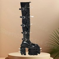 Metal Spikes Buckle Black Stripe Platform Boots Side Zipper Women Shoes Chunky High Heel Round Toe Sexy 2025 Zapatos Para Mujere