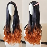 Anime Nezuko Kamado Wig Halloween Character Costume Cosplay Wigs Black Orange Gradient Long Curly Wig Kamado Nezuko Bamboo Props