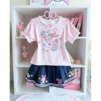 Y2k Japanese Short Sleeve T-Shirt + Mini Skirt Two-Piece Dress Sets Kawaii Cartoon Print Patchwork Sweet Harajuku Summer Spring