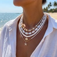 4Pcs/Set Boho Starfish Conch Rice Beads Pendant Necklace for Women Multilayer Soft Clay Starfish Shell Choker Summer Jewelry