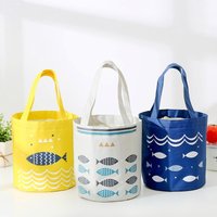 Nautical Fish Bucket Lunch Tote Cylindrical Insulated Cooler Bag, Aesthetic Canvas Thermal Snack Bag for Beach Picnic School