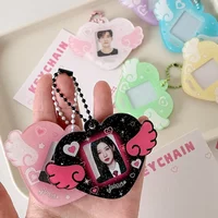 Ins Style Angel Wing Hollow Photo Frame Keychain Love Heart 1 Inch ID Photo Card Holder Cute Student Mini Photocard Pendant
