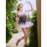 Weird Puss Sweet Mesh 2-Piece Set Women Strapless Backless Bow Appliques Patchwork Top+Tierred Puffy Skirt Birthday Party Outfit