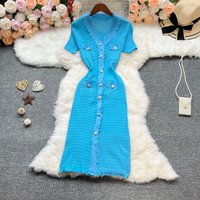 YuooMuoo Chic Fashion Sexy Wrap Hips Knitted Long Dress Women V-neck Pearl Buttons Bodycon Sweater Dress Office Lady Vestidos