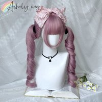 Pink Roman Curly Wig Tied Up Her Hair in Two Ponytails and Styled Her Bangs in A Japanese-style Pinkish-purple Headband Wig