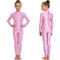 Kids Girls Glossy Stretchy Gymnastics Figure Skating Dance Jumpsuit Long Sleeve Slim Fit Solid Color Dance Performance Leotards