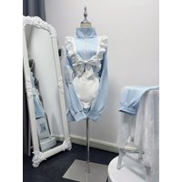 Fuwafuwa Lightweight Sportswear Set Cute Daily Outfit Light Blue Striped Long Sleeve Zipper Closure Breathable Polyester