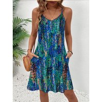 Women's Blue Green Abstract Print Cami Dress Summer Casual V Neck Sleeveless A Line Flowy Sundress With Pocket